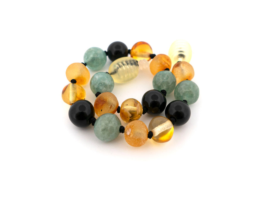 Tobillera de ámbar multicolor con jade y obsidiana, diseño seguro y cómodo para bebés