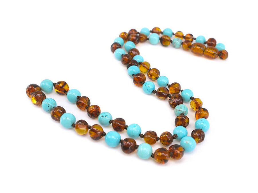 Collar de ámbar coñac con cuentas de turquesa, combinación de estilo y bienestar