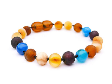 Pulsera de ámbar crudo multicolor con ágata azul para la dentición de niños
