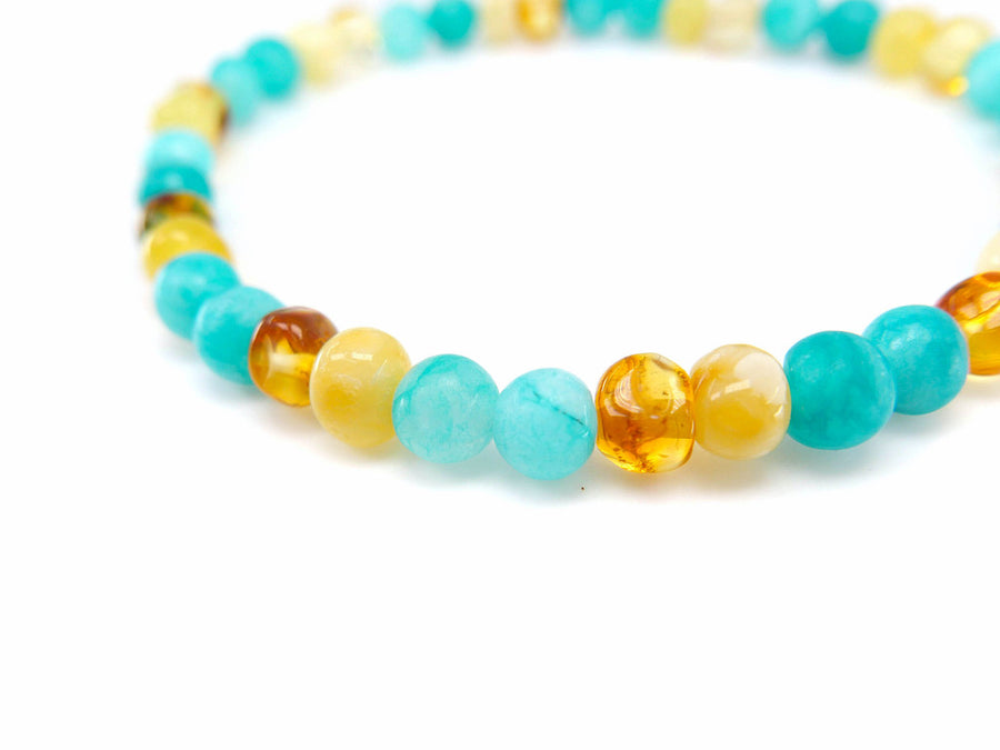 STRETCH POLISHED HONEY BALTIC AMBER ADULT ANKLET WITH AMAZONITE