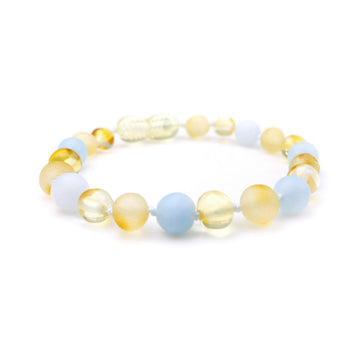 Pulsera de ámbar miel para dentición con cuentas de aguamarina azul