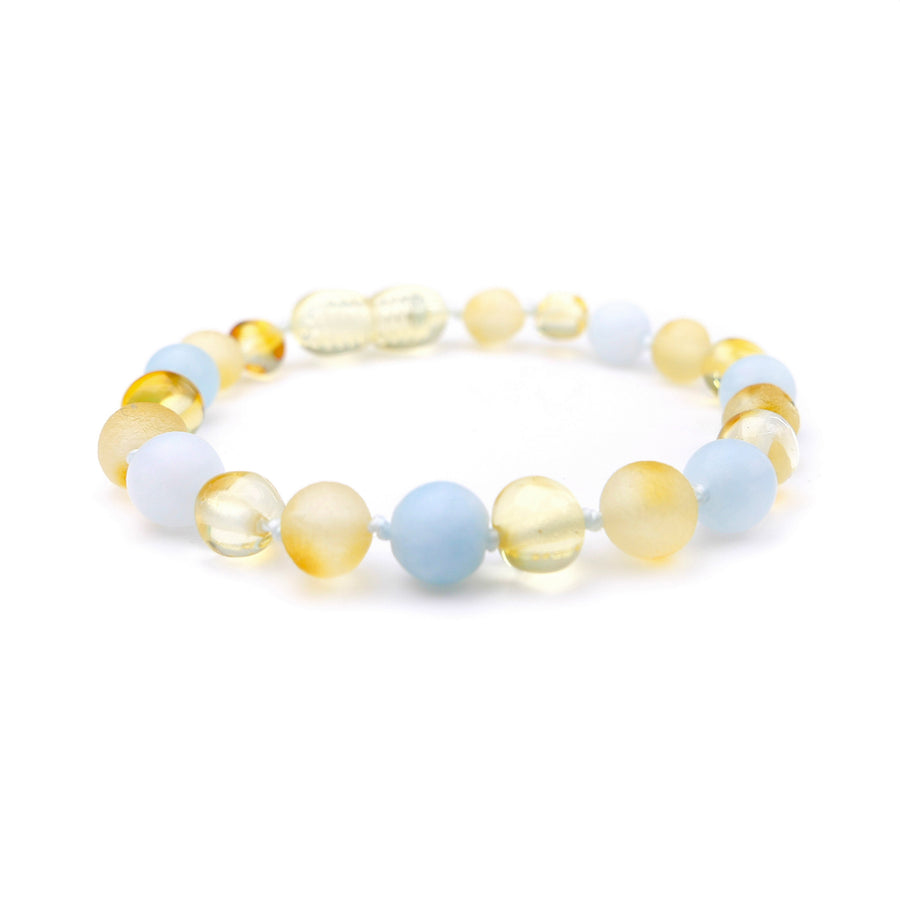 Pulsera de ámbar miel para dentición con cuentas de aguamarina azul