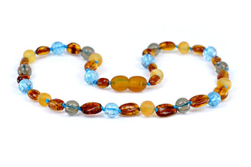 Collar de dentición para bebé con ámbar báltico multicolor y cuarzo ahumado