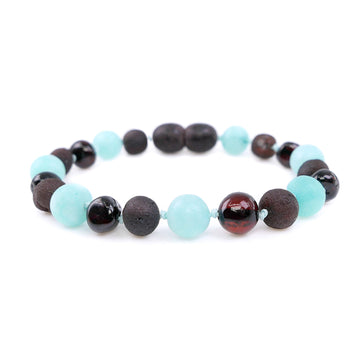 Pulsera de ámbar cereza oscuro con amazonita azul para la dentición
