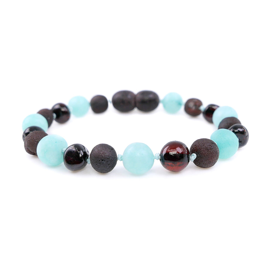 Pulsera de ámbar cereza oscuro con amazonita azul para la dentición