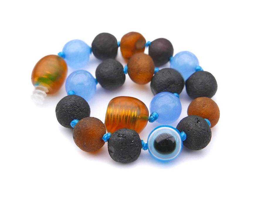 Pulsera de dentición para bebé con ámbar crudo multicolor y jade azul