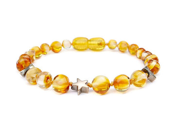 POLISHED HONEY BALTIC AMBER BRACELET / ANKLET WITH HEMATIE STARS