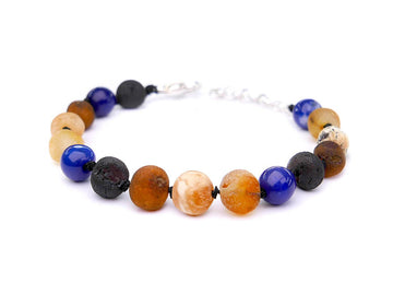 Pulsera ajustable de ámbar crudo multicolor con ágata azul para la dentición de bebé