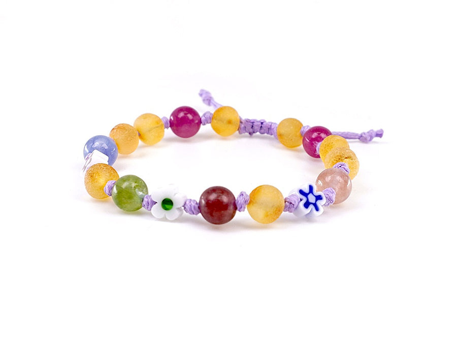 Pulsera o tobillera de ámbar para la dentición con cordón morado y jade