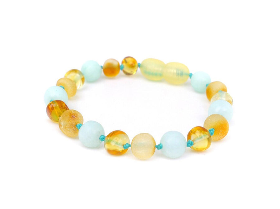 Pulsera de dentición artesanal de ámbar báltico en bruto con amazonita azul para bebés