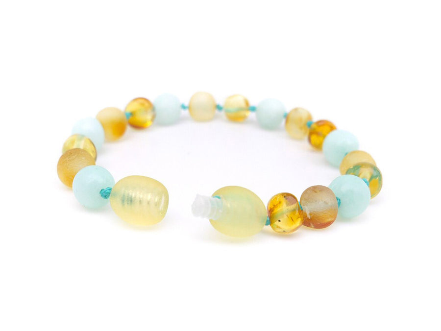Pulsera de ámbar báltico natural color miel con amazonita azul para bebés