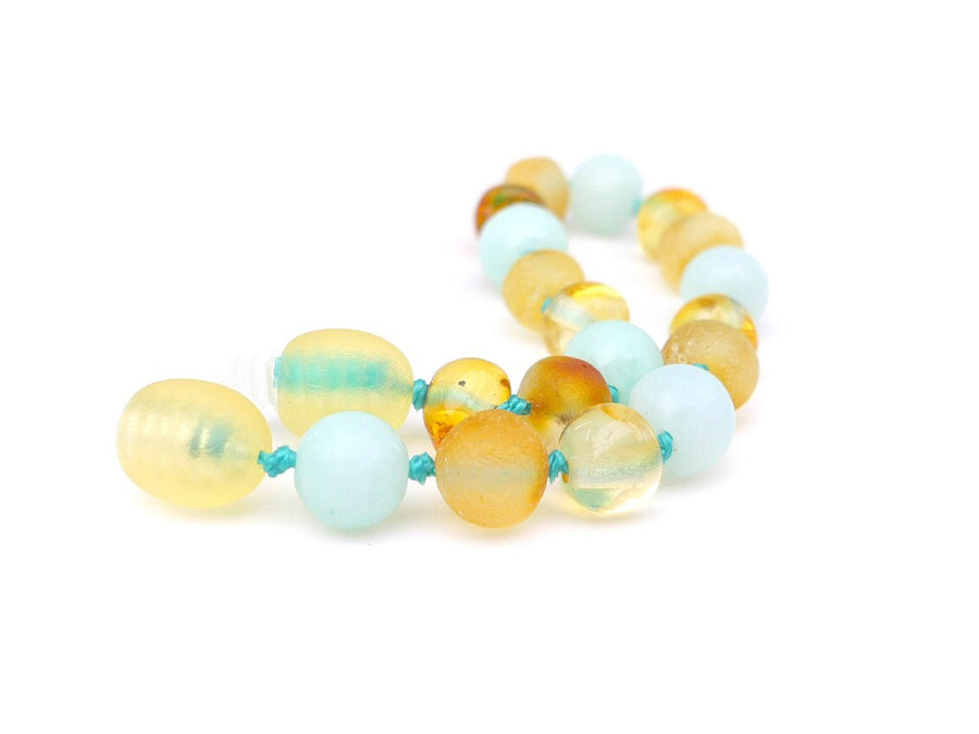 Pulsera de ámbar báltico sin pulir color miel con amazonita azul para aliviar la dentición