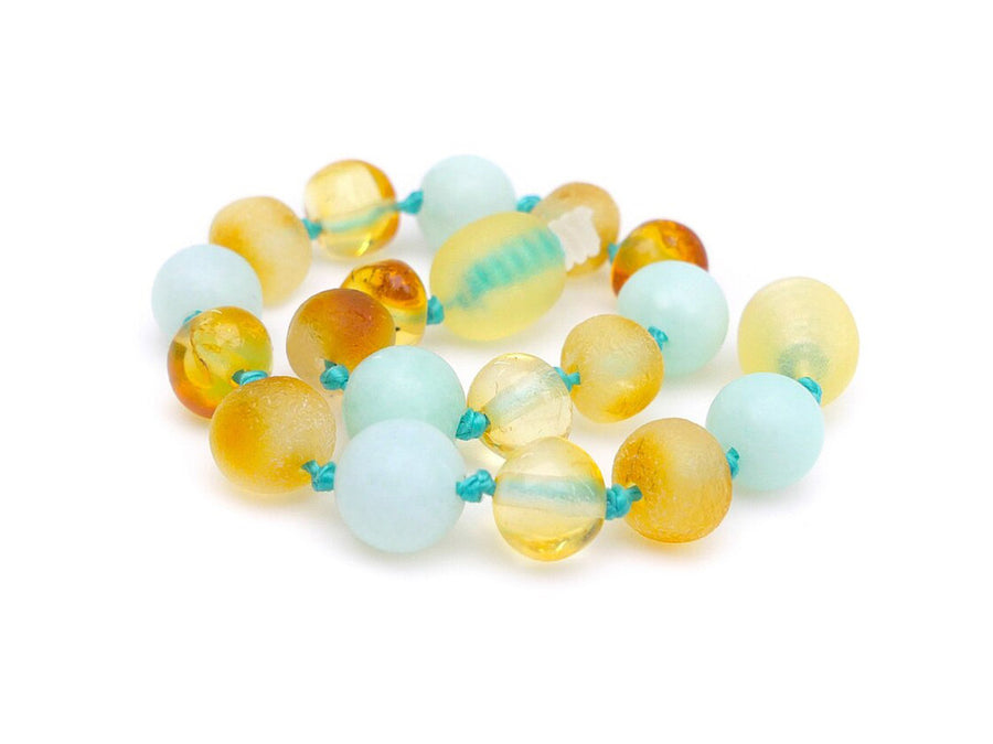 Pulsera calmante de ámbar en bruto color miel y amazonita azul para la dentición