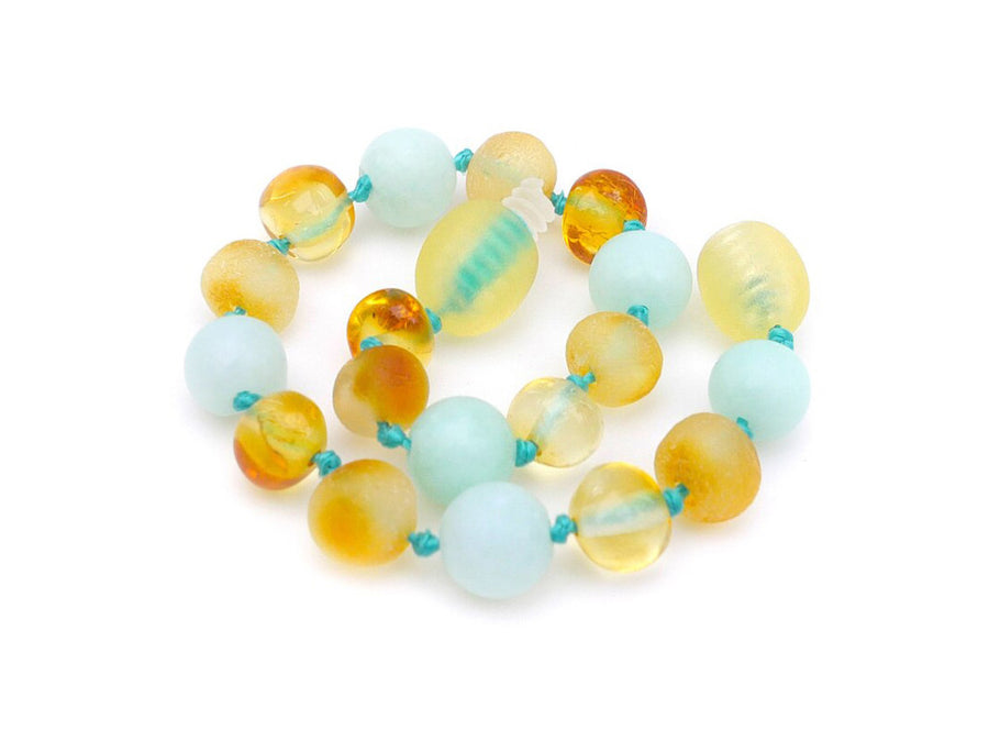 Pulsera elástica para bebé de ámbar báltico miel y amazonita azul