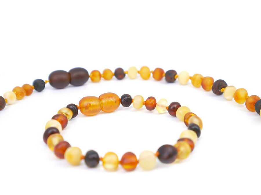 Joyería de ámbar báltico crudo para la dentición, set de collar y pulsera con cuentas multicolores auténticas