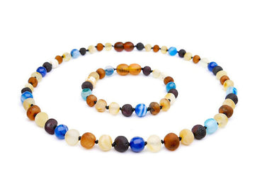 RAW MULTICOLOR BALTIC AMBER NECKLACE/BRACELET SET WITH AGATE