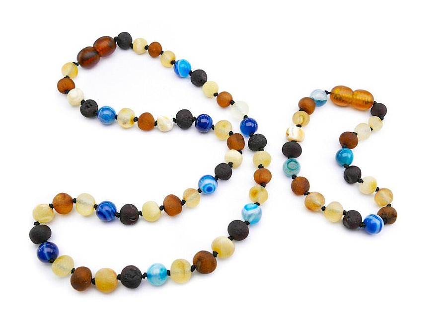 RAW MULTICOLOR BALTIC AMBER NECKLACE/BRACELET SET WITH AGATE