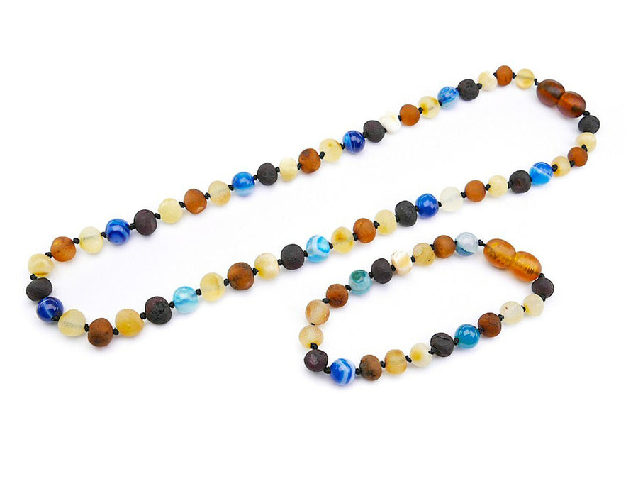 RAW MULTICOLOR BALTIC AMBER NECKLACE/BRACELET SET WITH AGATE