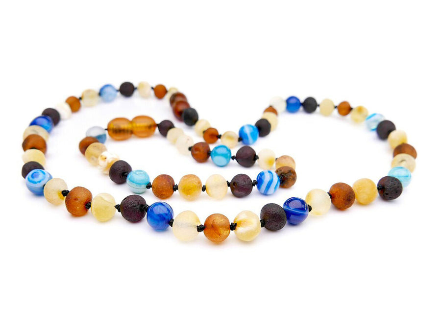 RAW MULTICOLOR BALTIC AMBER NECKLACE/BRACELET SET WITH AGATE