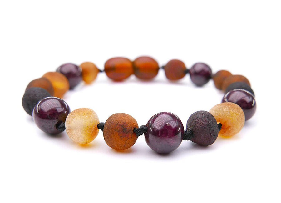 Pulsera de dentición de ámbar báltico multicolor en bruto con granate para bebé