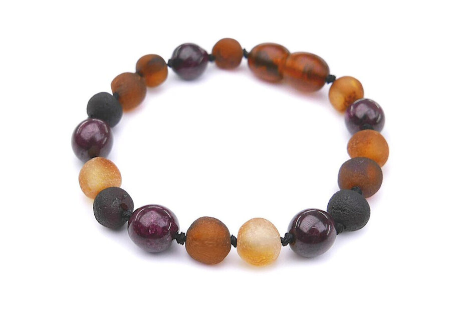 Pulsera de dentición de ámbar báltico crudo multicolor con granate para bebés