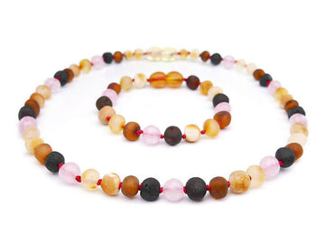 RAW MULTICOLOR BALTIC AMBER NECKLACE/BRACELET SET WITH ROSE QUARTZ