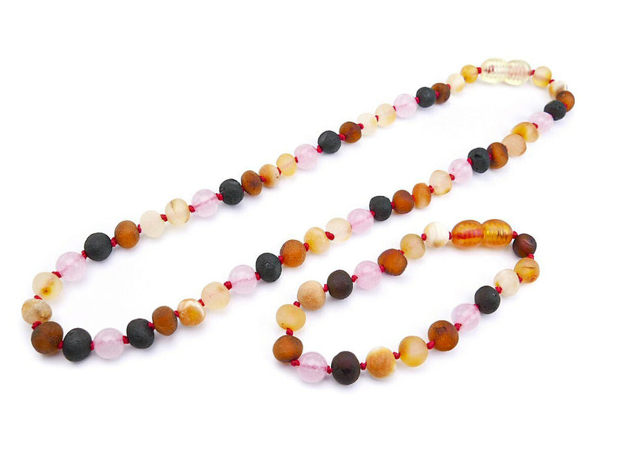 RAW MULTICOLOR BALTIC AMBER NECKLACE/BRACELET SET WITH ROSE QUARTZ