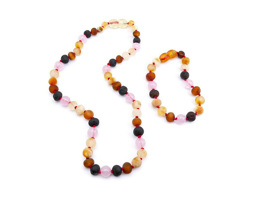 RAW MULTICOLOR BALTIC AMBER NECKLACE/BRACELET SET WITH ROSE QUARTZ