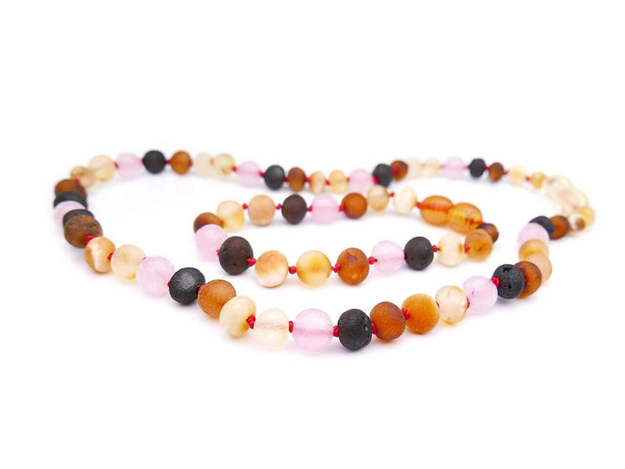 RAW MULTICOLOR BALTIC AMBER NECKLACE/BRACELET SET WITH ROSE QUARTZ