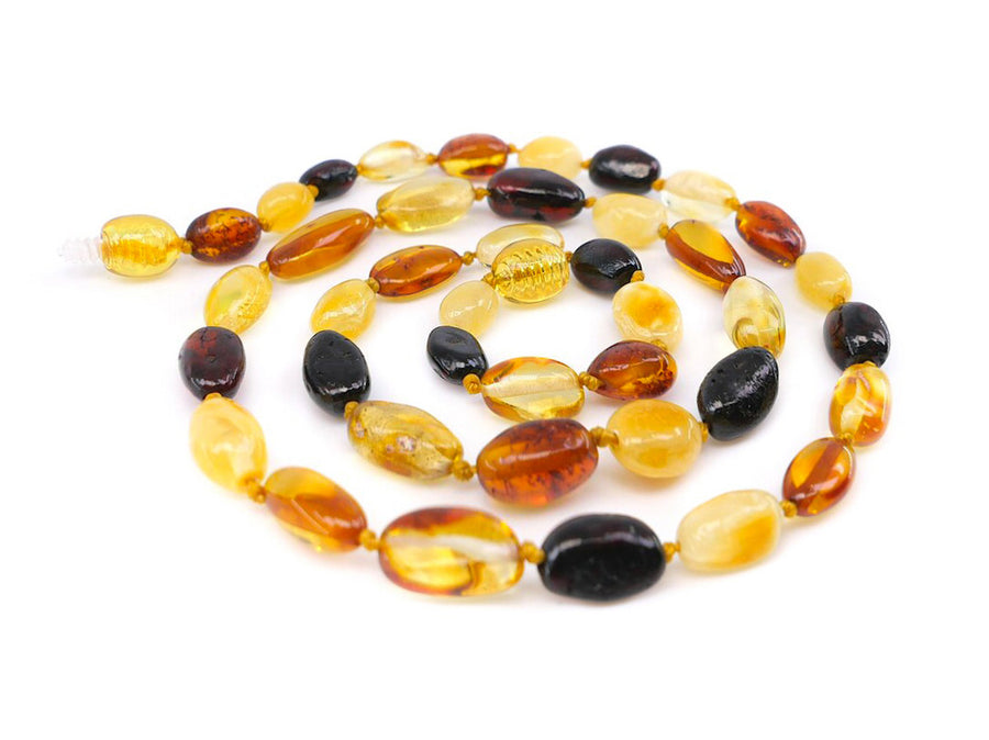 Ámbar báltico multicolor con cuentas de oliva pulidas, ideal para bienestar y estilo