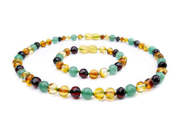 MULTICOLOR BALTIC AMBER NECKLACE/BRACELET SET WITH AVENTURINE