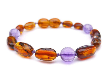 Pulsera de dentición para bebé de ámbar báltico pulido color coñac con amatista