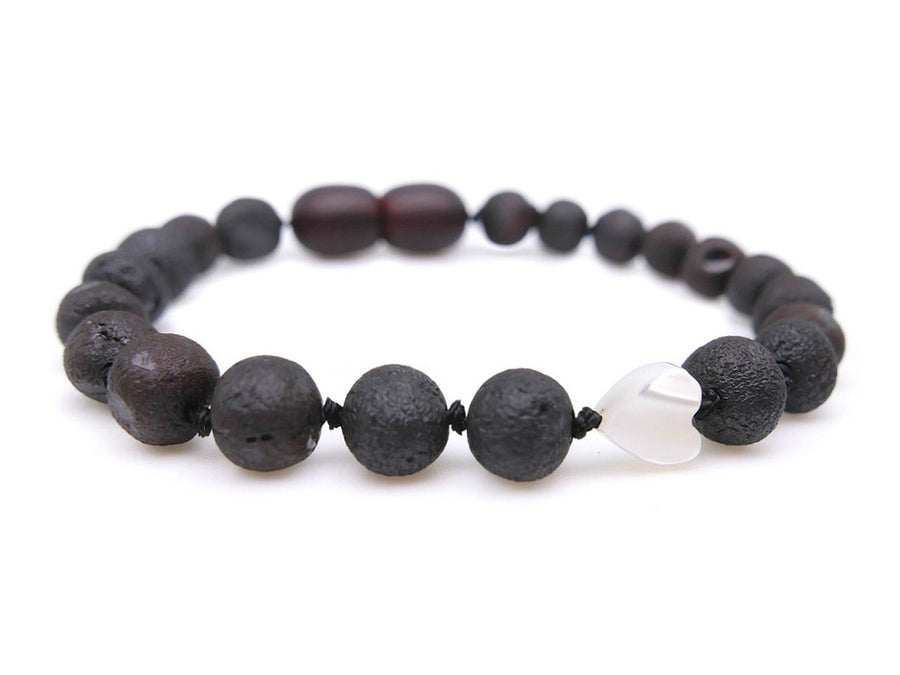 Pulsera de dentición de ámbar báltico color cereza oscura con perla para bebé