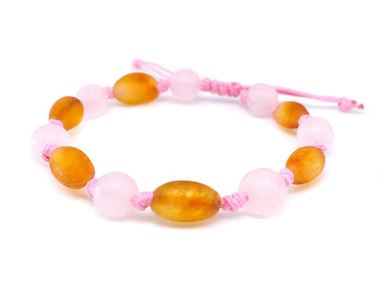 Pulsera ajustable de ámbar báltico miel con cuarzo rosa para la dentición de bebés