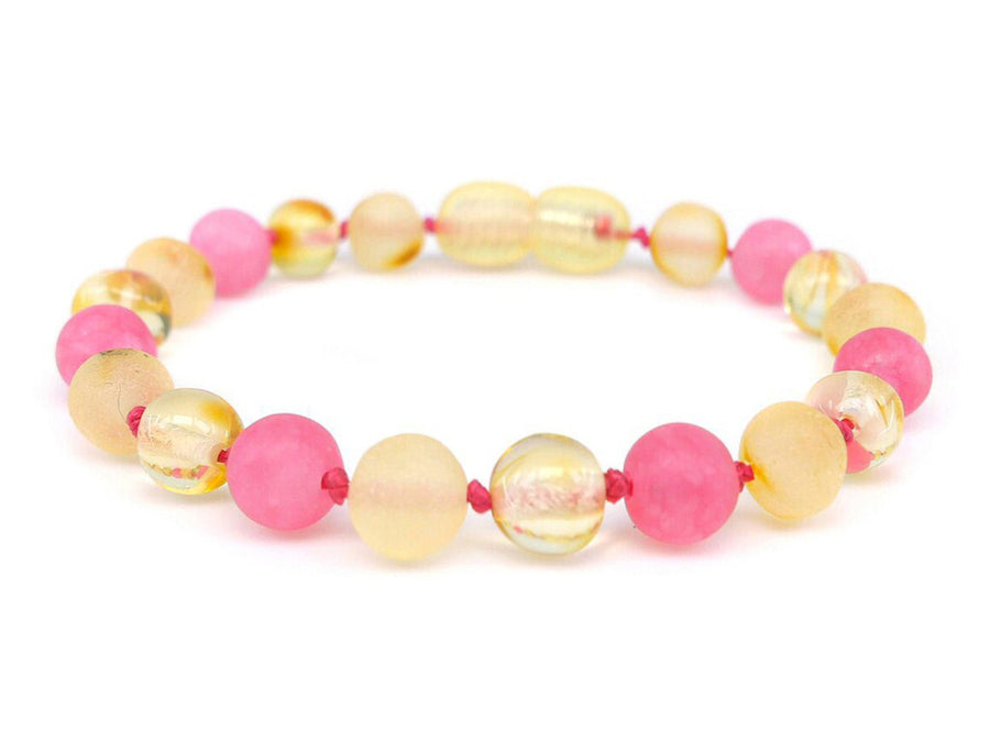 Pulsera de dentición de ámbar con cuentas de jade rosa