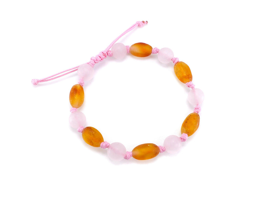 Tobillera ajustable de ámbar miel con cuarzo rosa, ideal para aliviar las molestias de la dentición