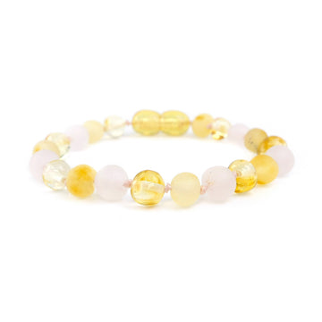 Pulsera de dentición para bebé con ámbar báltico color miel y cuarzo rosa