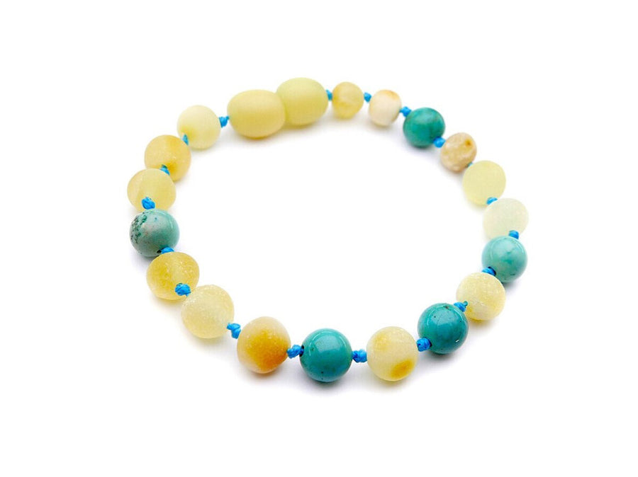 Pulsera de dentición para bebés de ámbar auténtico con turquesa, diseño artesanal