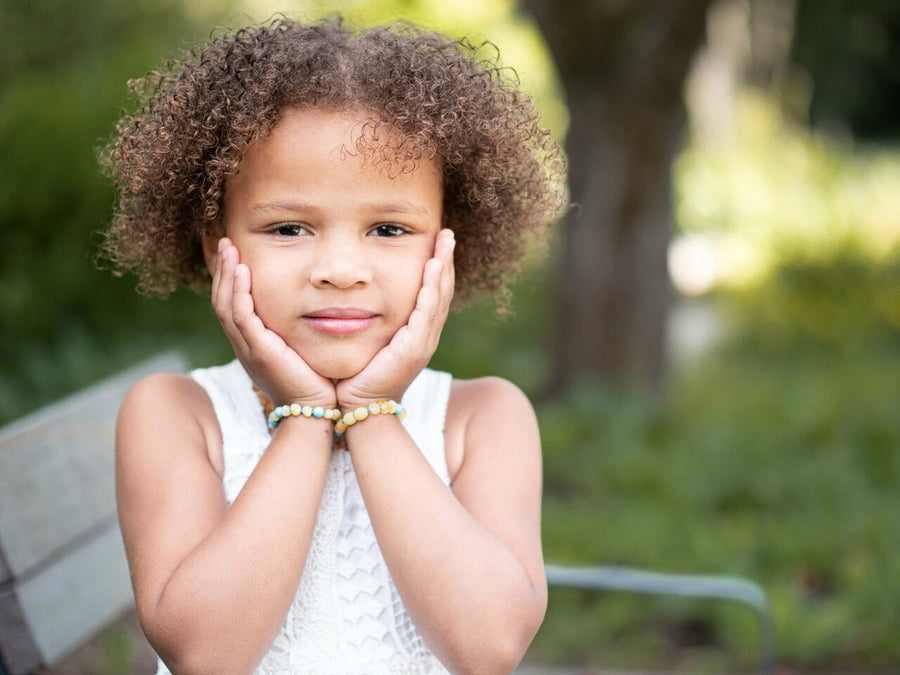Pulsera de dentición segura para bebés de ámbar báltico butterscotch y turquesa