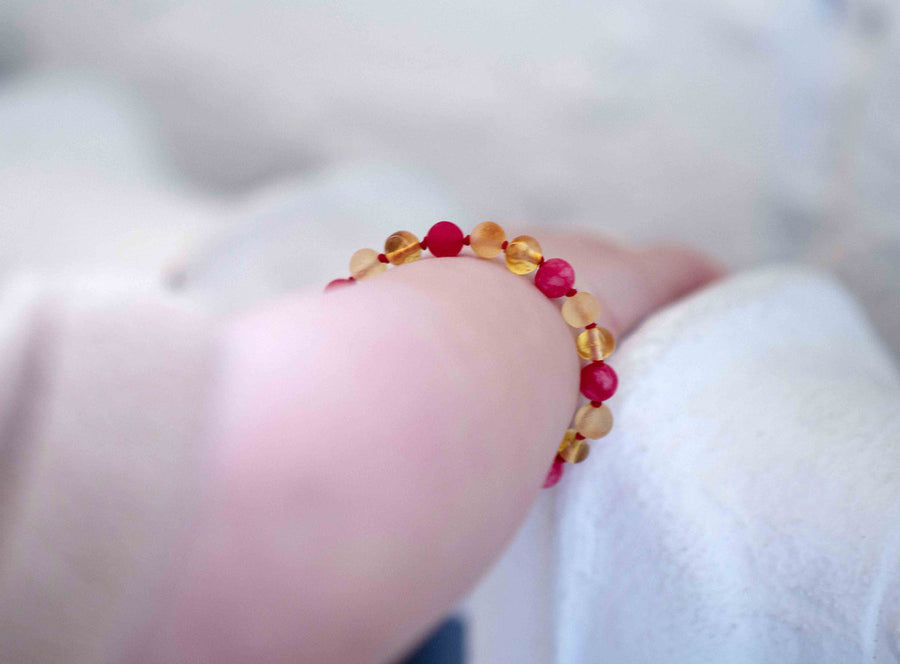 HONEY BALTIC AMBER BRACELET / ANKLET WITH PINK JADE