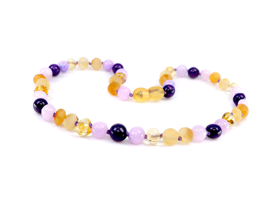 Collar de dentición para bebé con ámbar báltico, cuarzo rosa y calcedonia púrpura
