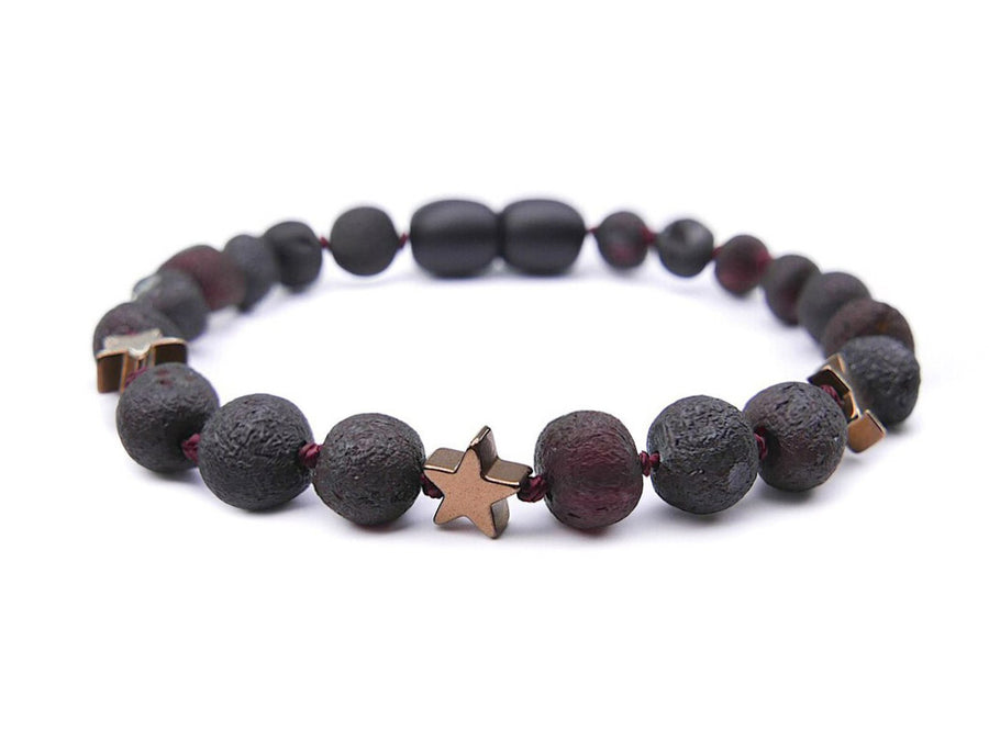 Pulsera de dentición de ámbar báltico en bruto color cereza oscura con estrella de hematita para bebé