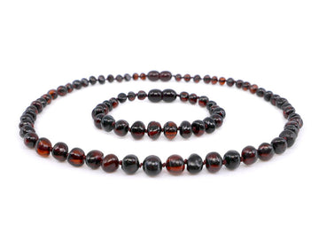 Conjunto de ámbar báltico para la dentición con collar y pulsera de cuentas barrocas cereza oscuro