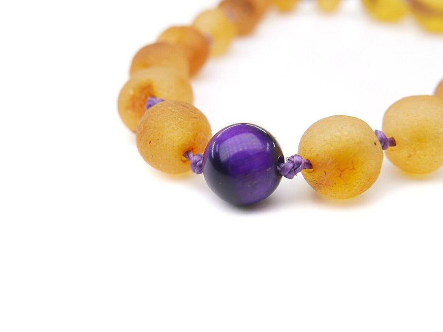 Pulsera de ámbar sin pulir y ojo de tigre para aliviar la dentición infantil