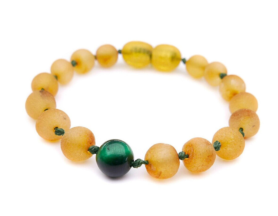 Pulsera/tobillera de dentición para bebé con ámbar en bruto y ojo de tigre