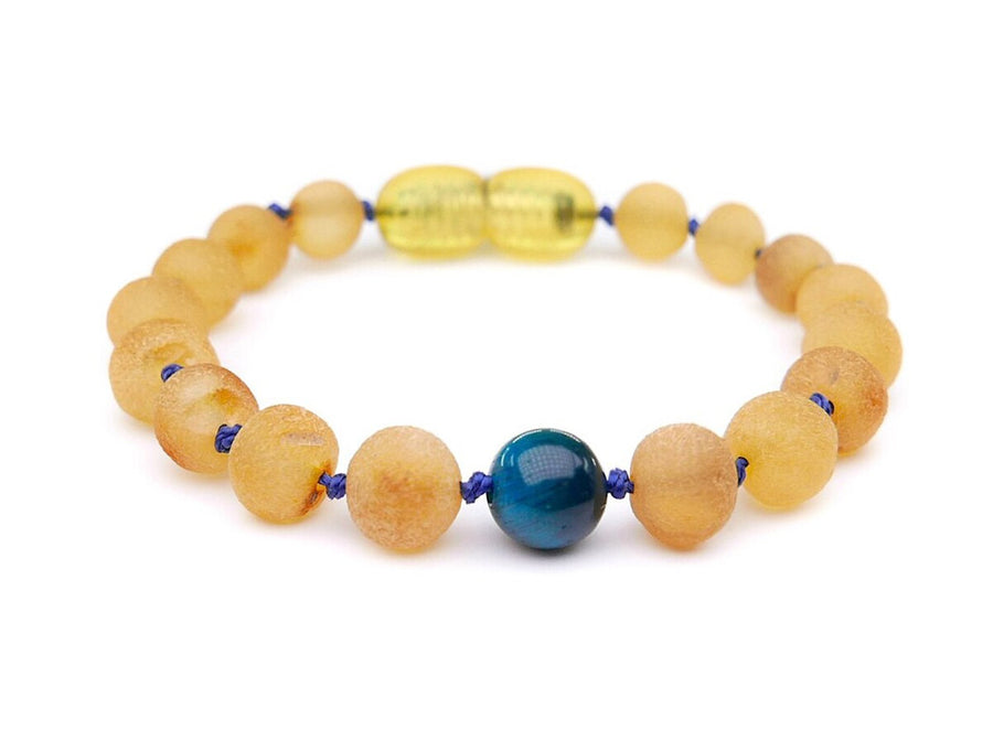 Pulsera de dentición natural con ámbar color miel y cuenta de ojo de tigre