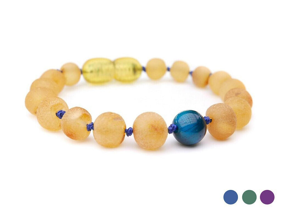Pulsera de dentición para bebé de ámbar báltico color miel con cuenta de ojo de tigre