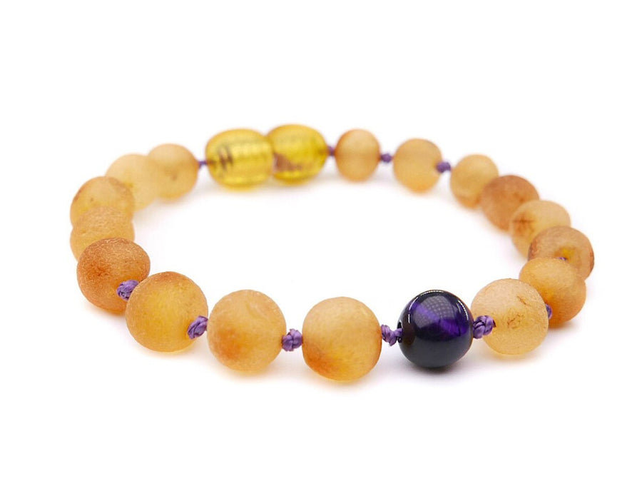 Pulsera de dentición para bebé de ámbar báltico miel y cuenta protectora de ojo de tigre