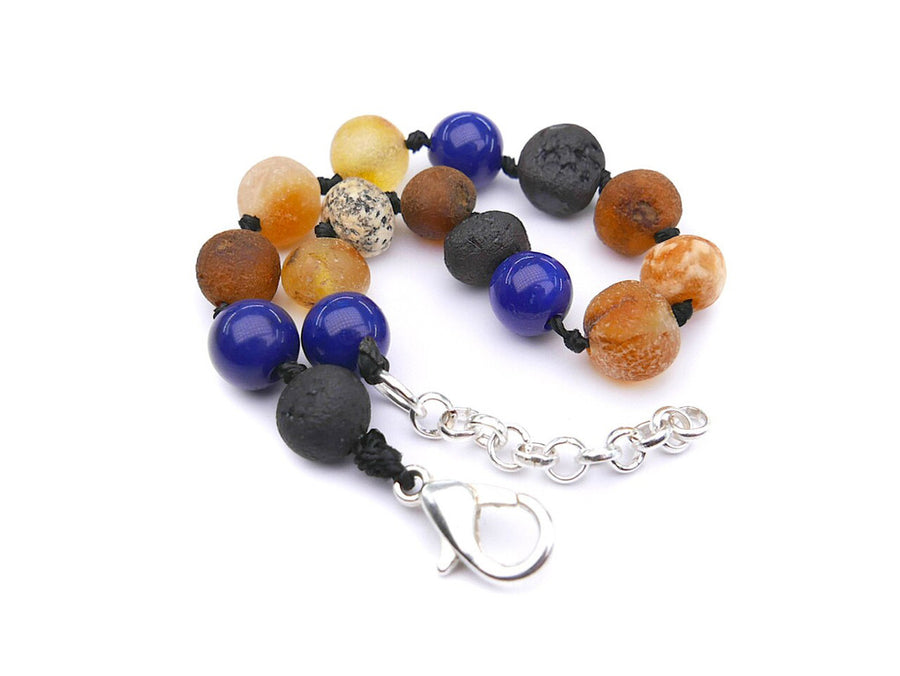 Pulsera de ámbar crudo multicolor con ágata azul, ideal para la etapa de dentición