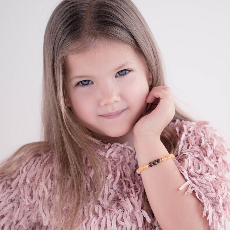 Pulsera para niños Tauro con ámbar báltico y piedra ojo de tigre natural